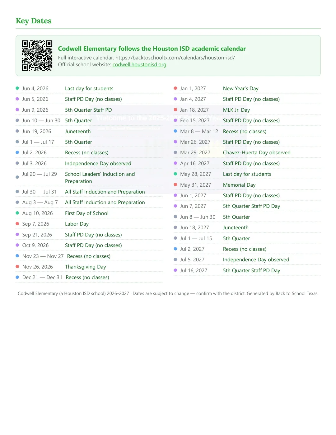 Codwell Elementary Calendar for the Year 26-27 — key dates