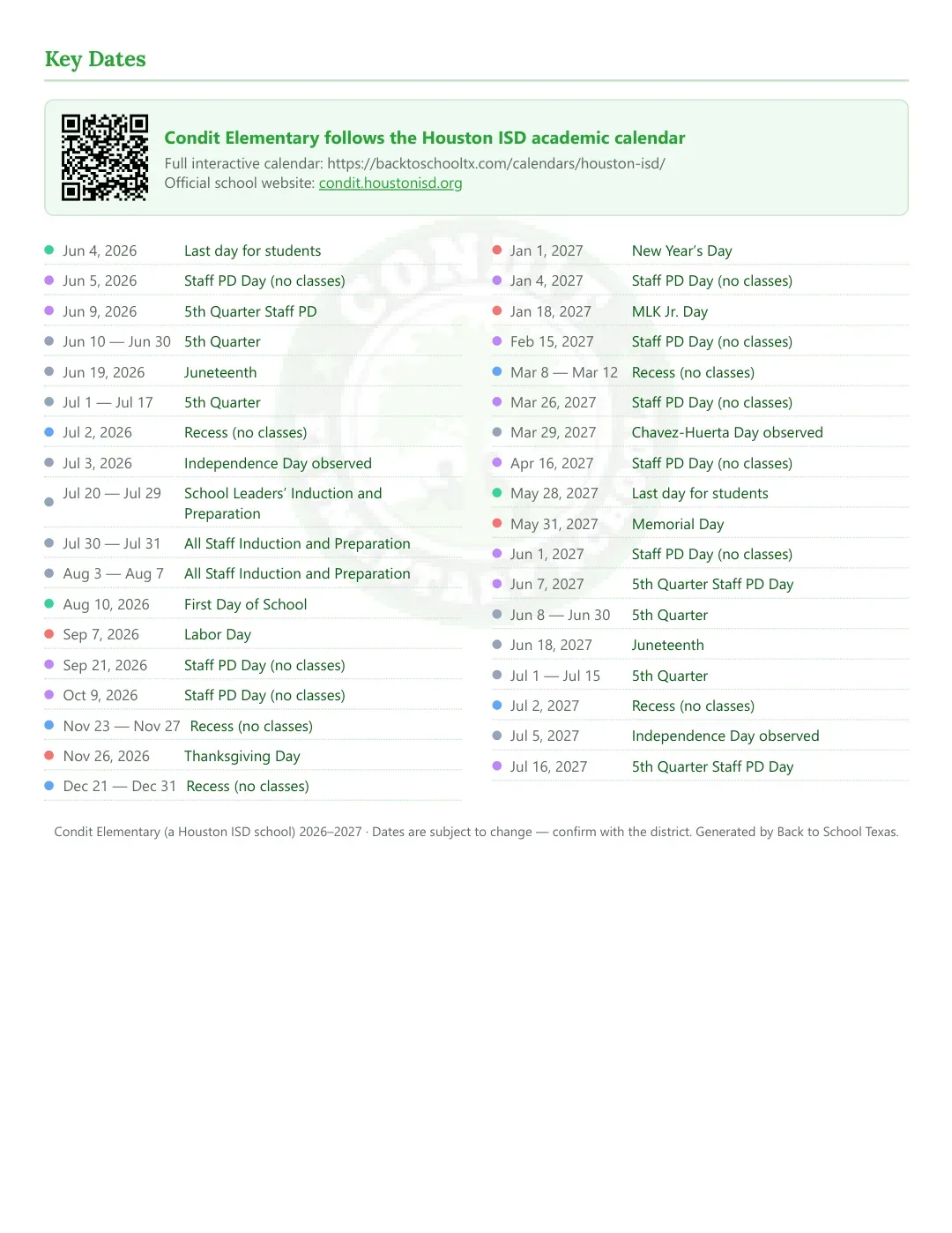 Condit Elementary Calendar for the Year 26-27 — key dates