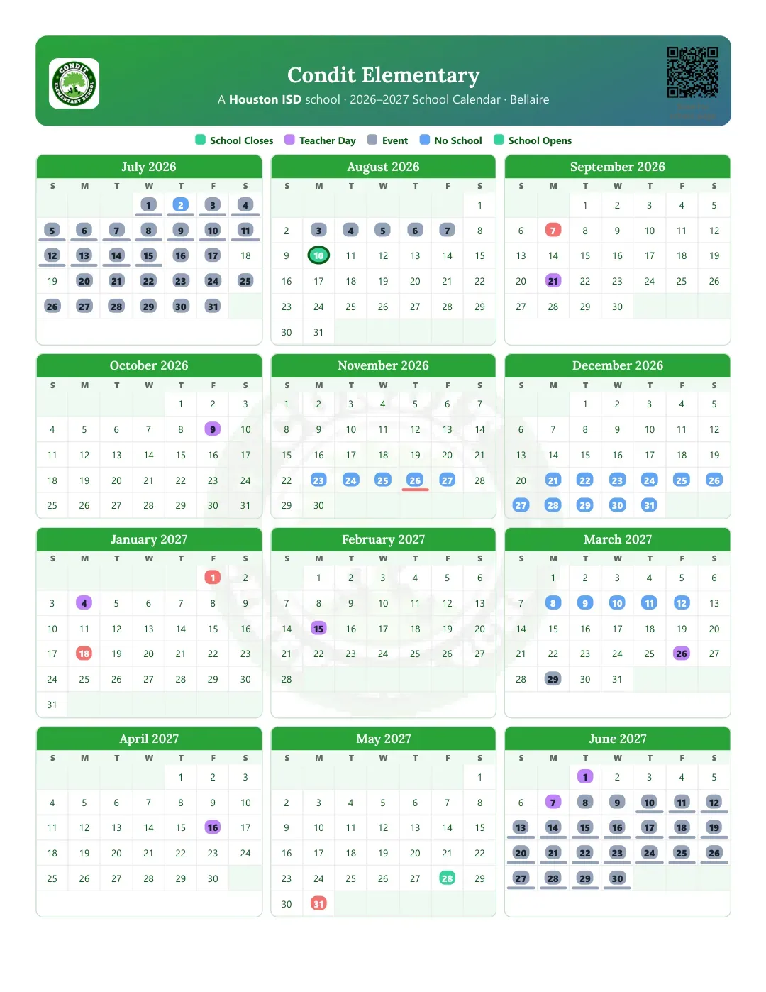 Condit Elementary Calendar for the Year 26-27