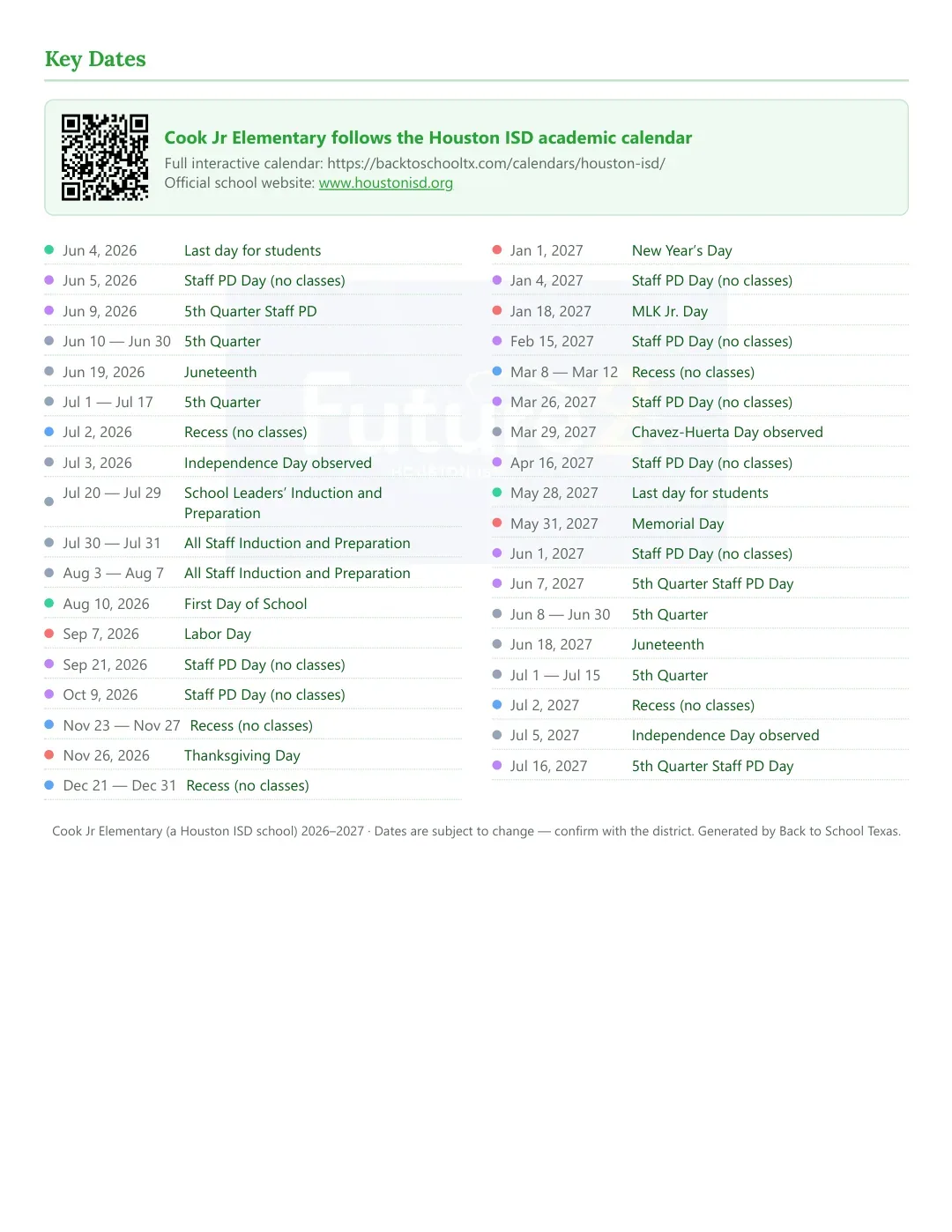 Cook Jr Elementary Calendar for the Year 26-27 — key dates