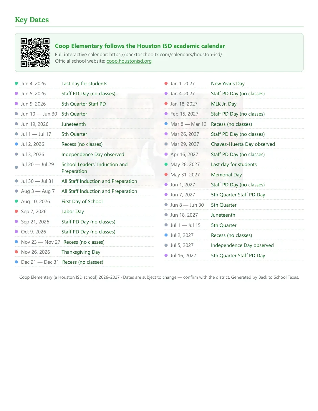 Coop Elementary Calendar for the Year 26-27 — key dates