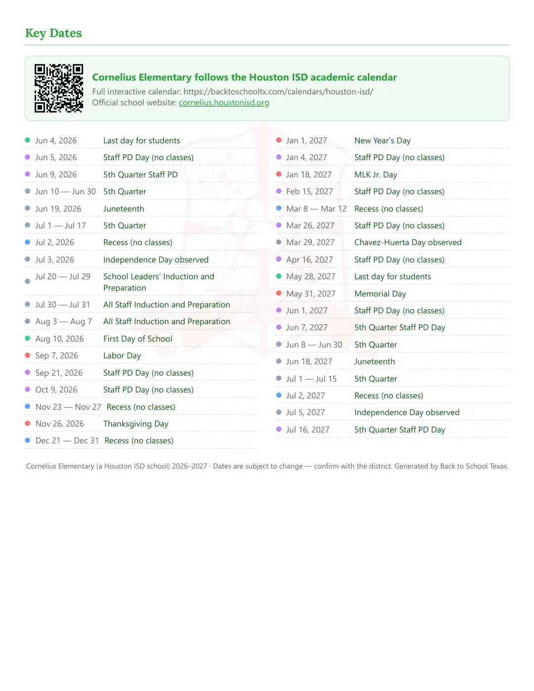 Cornelius Elementary Calendar for the Year 26-27 — key dates