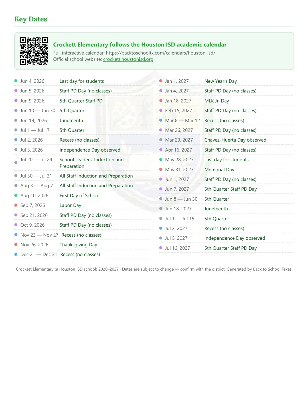 Crockett Elementary Calendar for the Year 26-27 — key dates