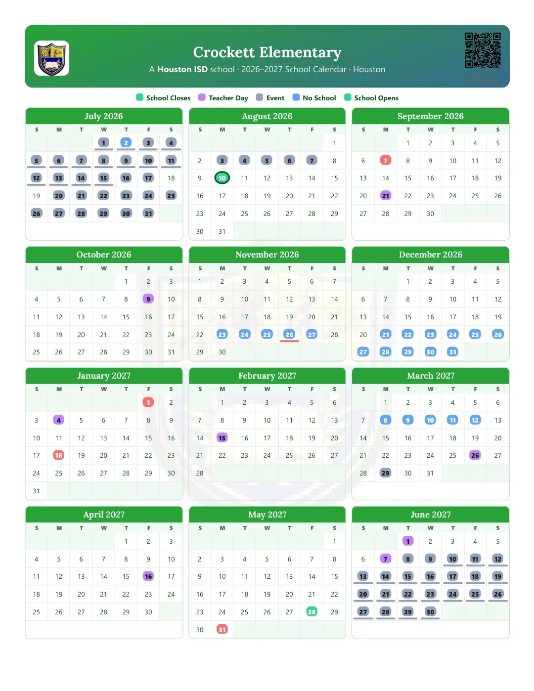 Crockett Elementary Calendar for the Year 26-27
