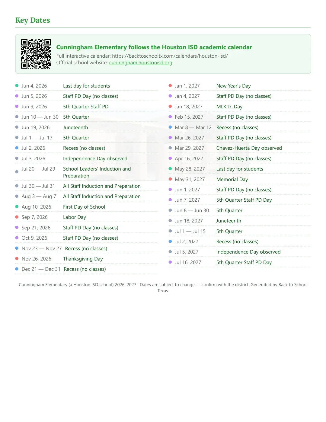 Cunningham Elementary Calendar for the Year 26-27 — key dates