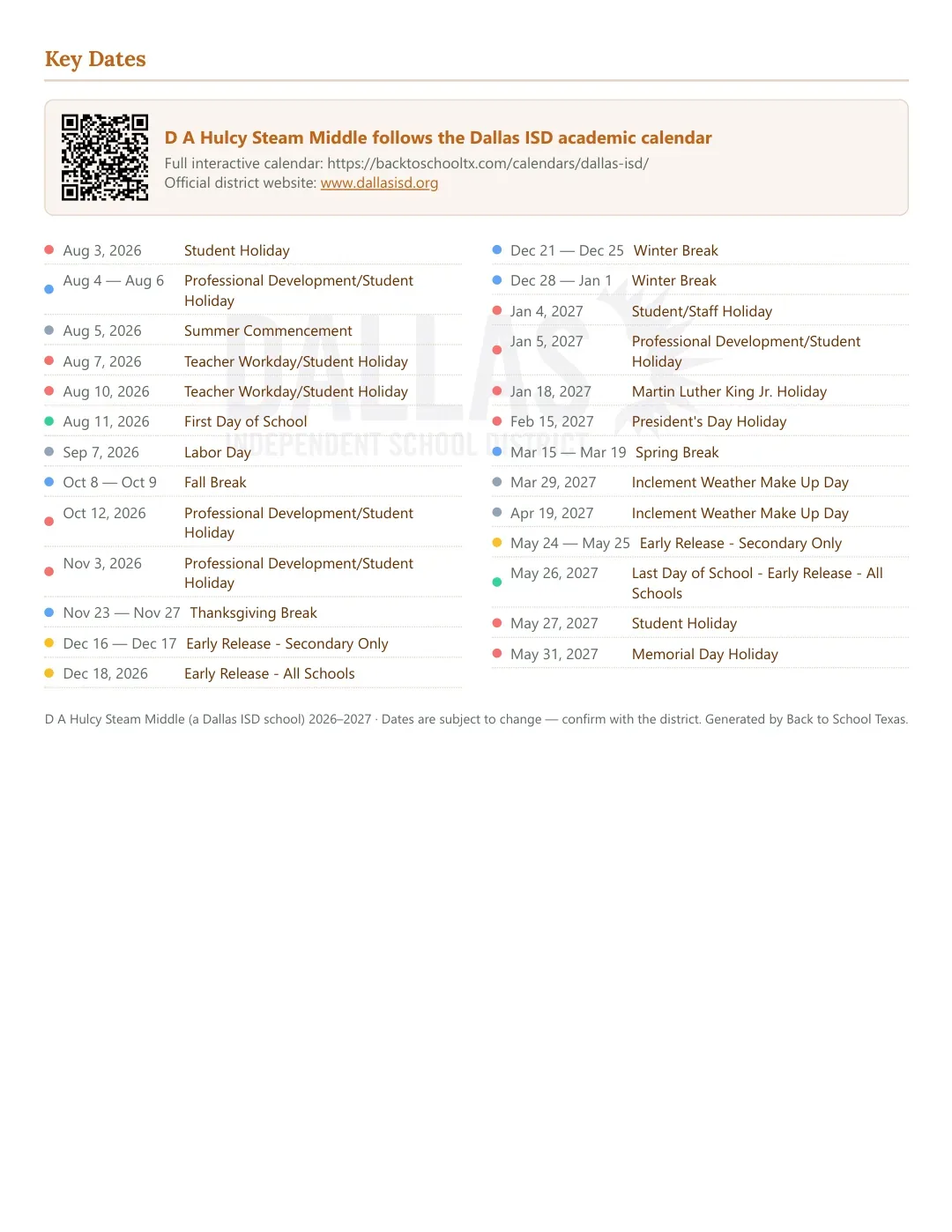 D A Hulcy Steam Middle Calendar for the Year 26-27 — key dates