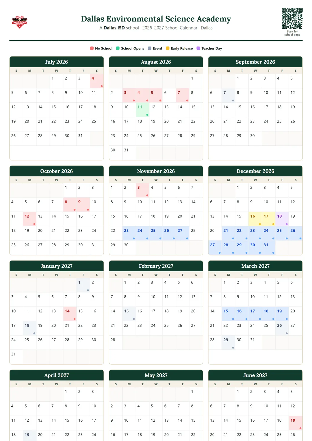 Dallas Environmental Science Academy printable 2026–2027 calendar