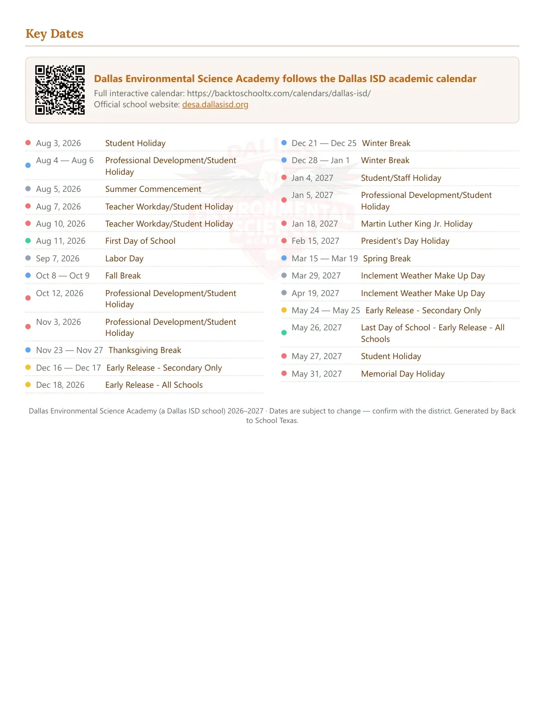 Dallas Environmental Science Academy Calendar for the Year 26-27 — key dates