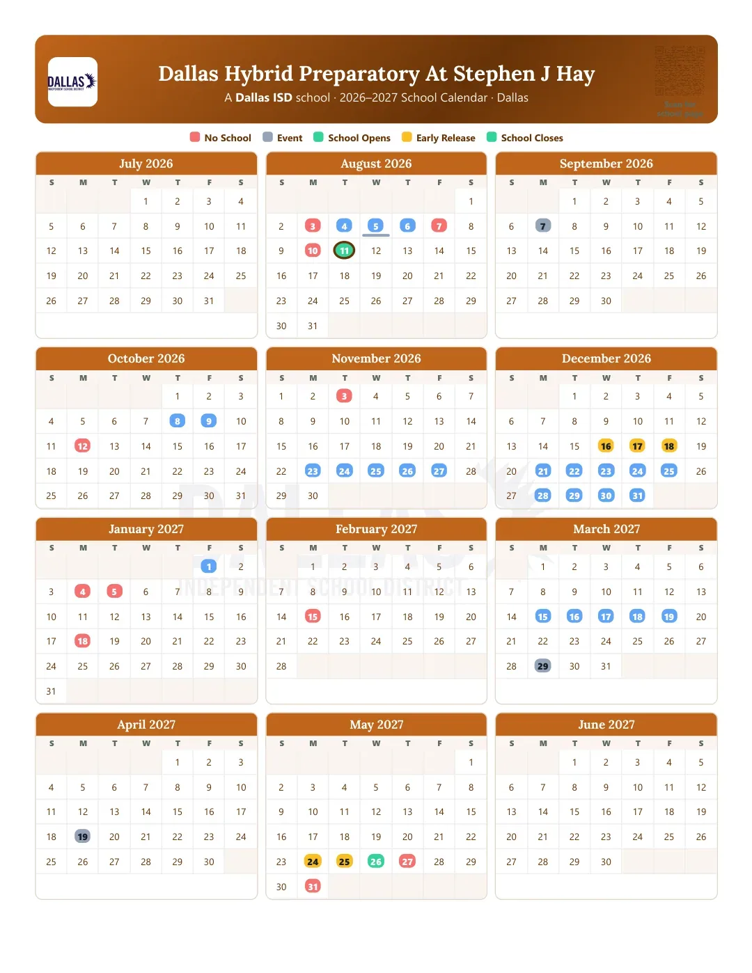 Dallas Hybrid Preparatory At Stephen J Hay Calendar for the Year 26-27