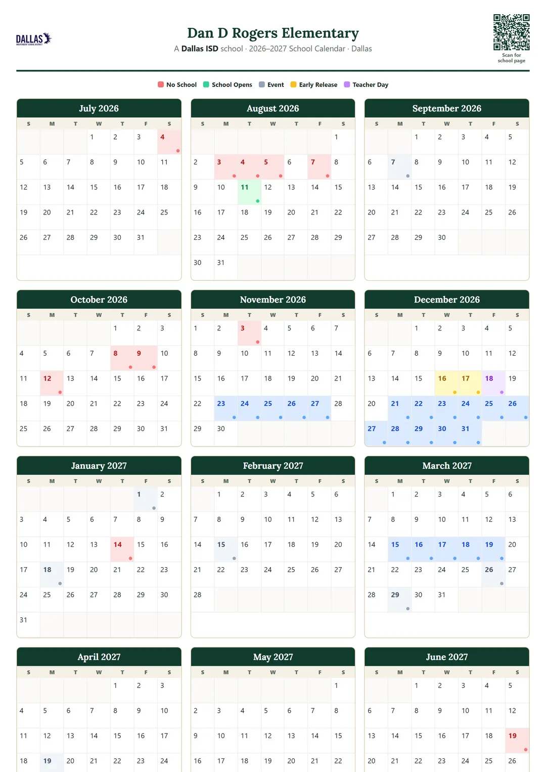 Dan D Rogers Elementary printable 2026–2027 calendar