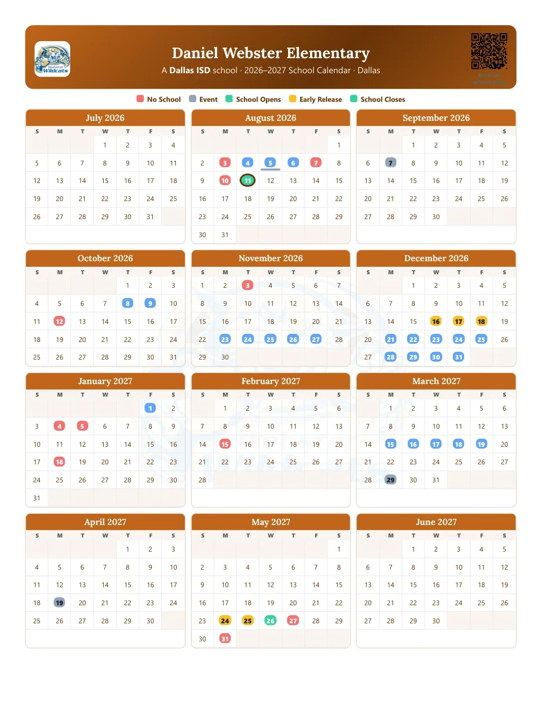 Daniel Webster Elementary Calendar for the Year 26-27