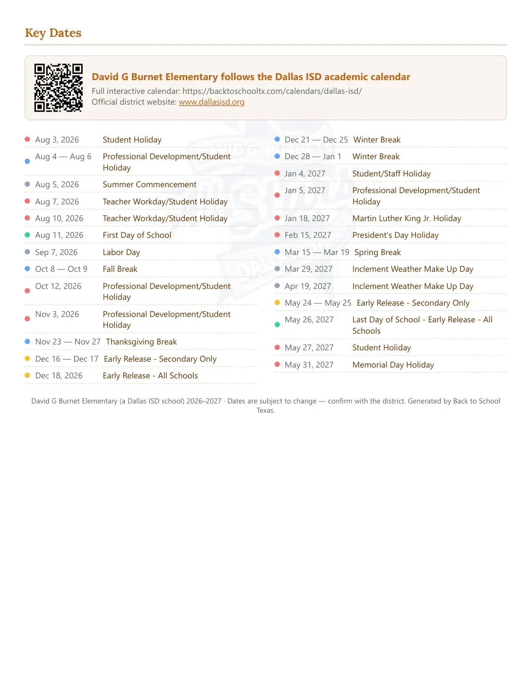 David G Burnet Elementary Calendar for the Year 26-27 — key dates