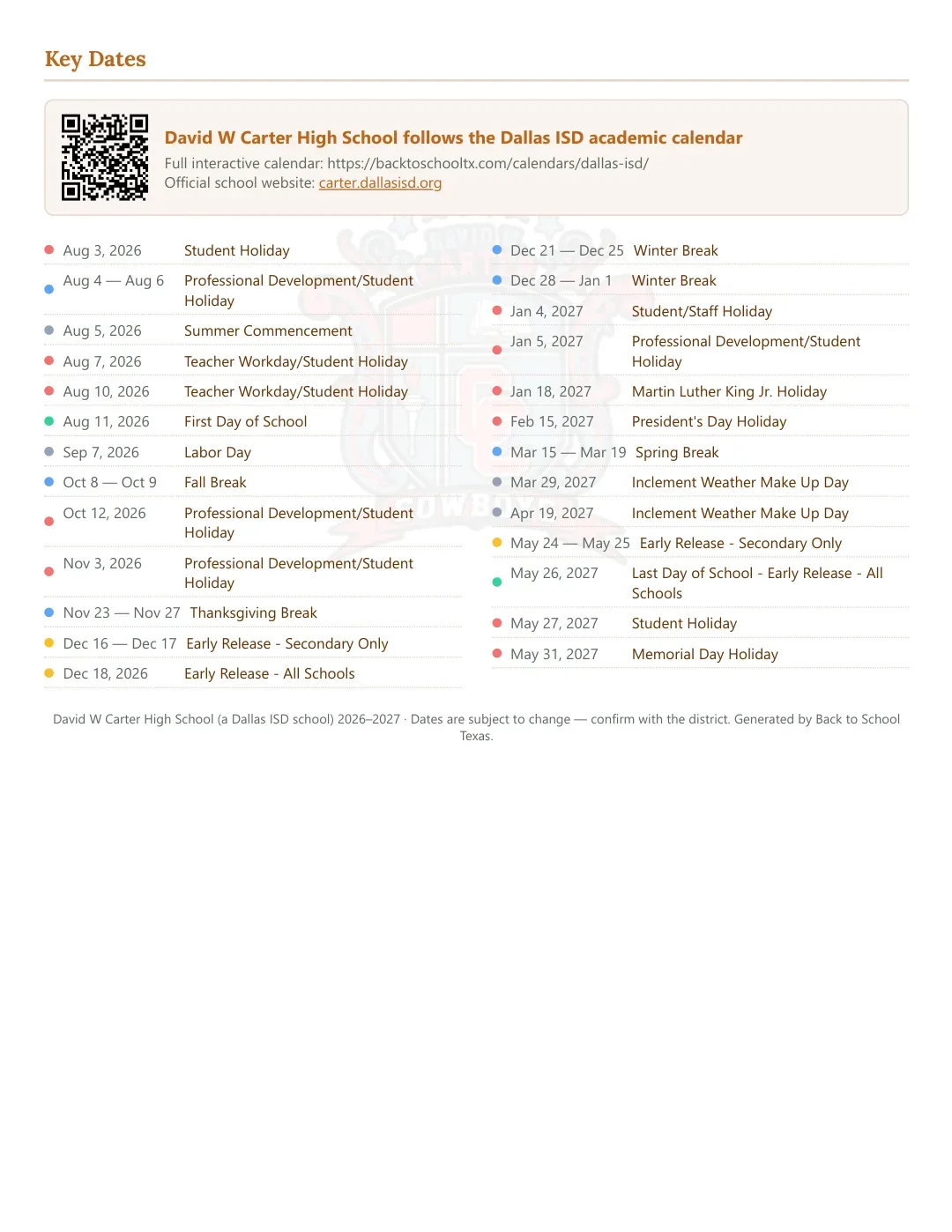 David W Carter High School Calendar for the Year 26-27 — key dates