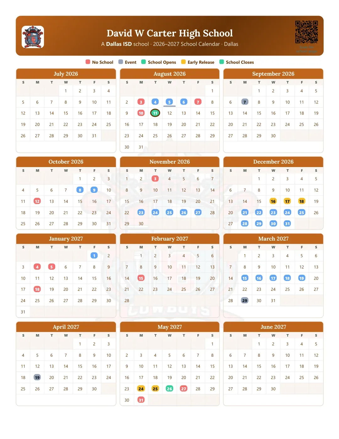 David W Carter High School Calendar for the Year 26-27