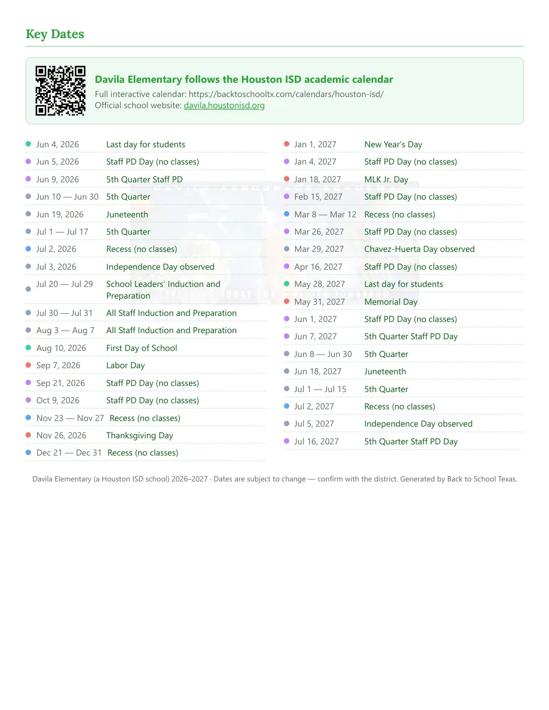 Davila Elementary Calendar for the Year 26-27 — key dates