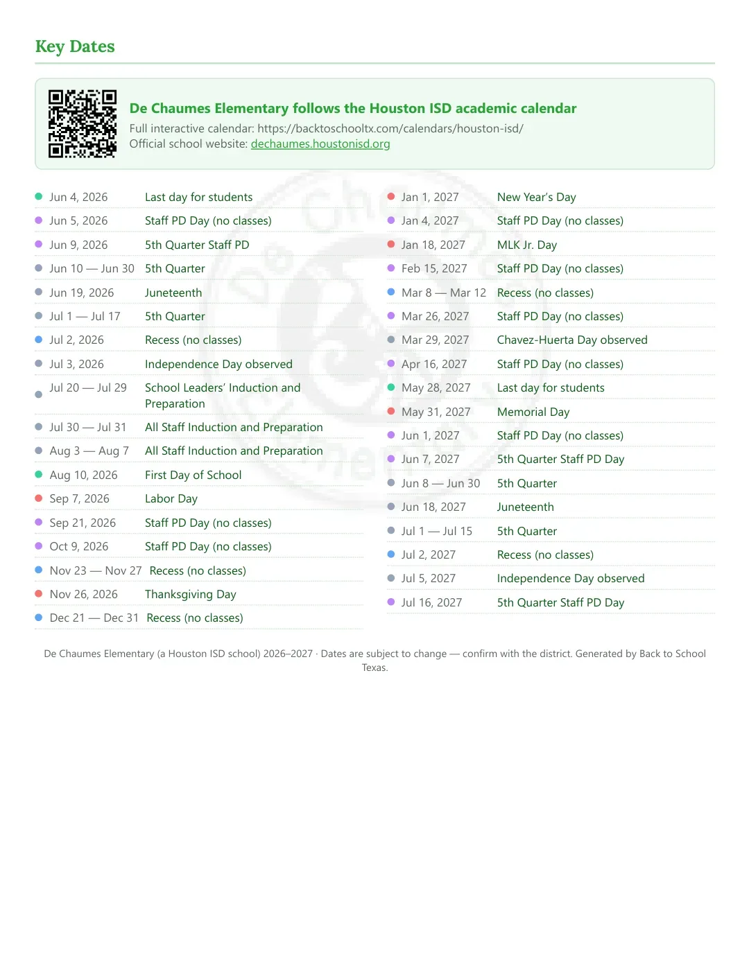 De Chaumes Elementary Calendar for the Year 26-27 — key dates