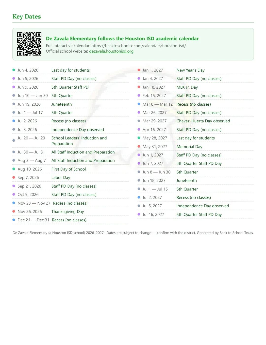 De Zavala Elementary Calendar for the Year 26-27 — key dates