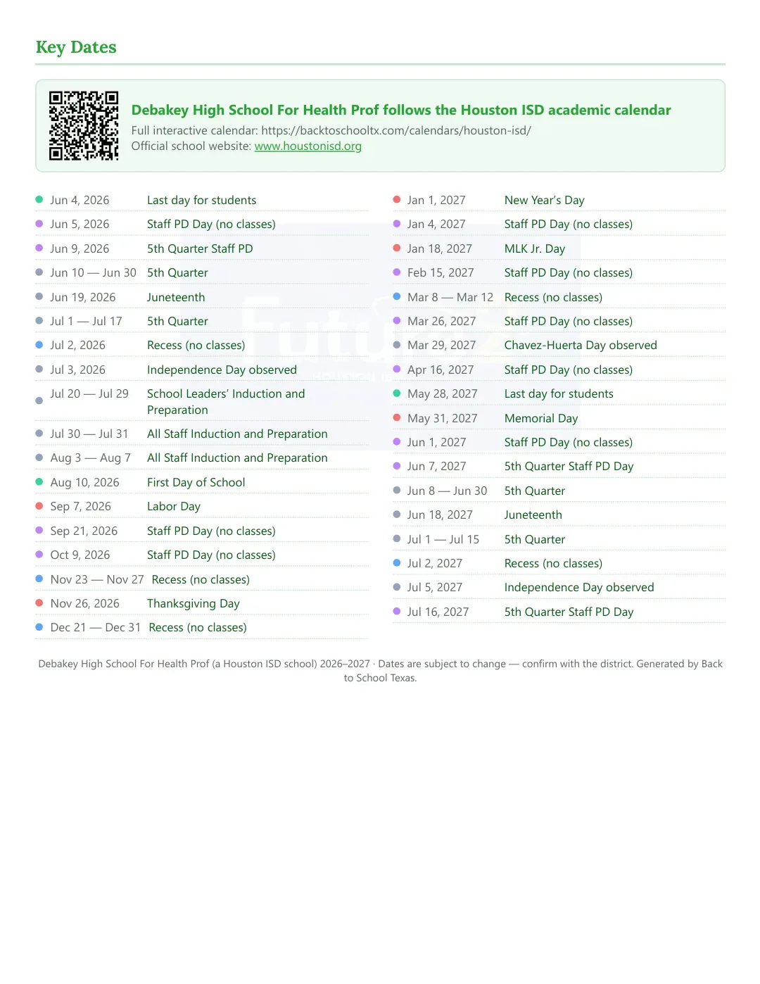 Debakey High School For Health Prof Calendar for the Year 26-27 — key dates