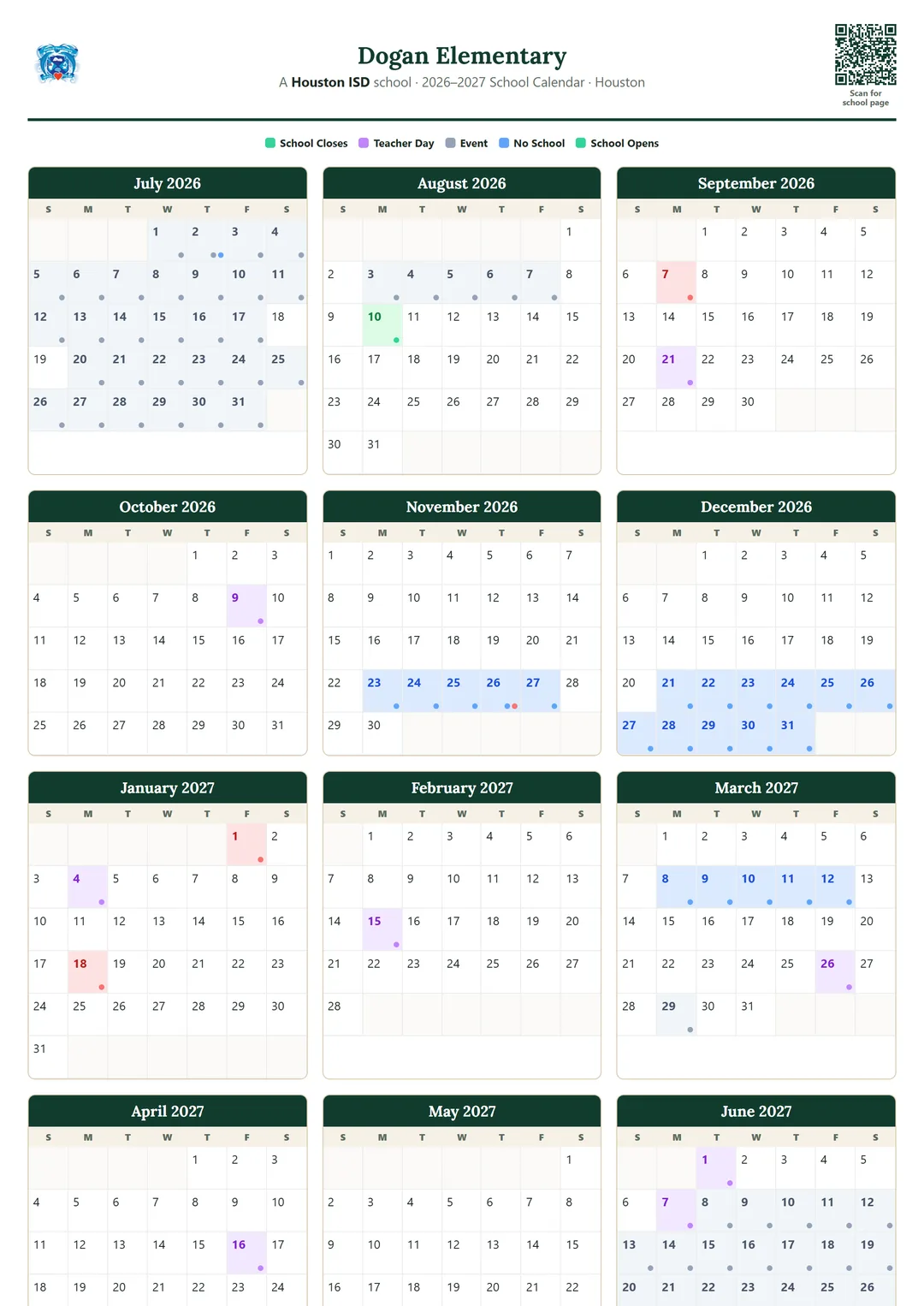 Dogan Elementary printable 2026–2027 calendar