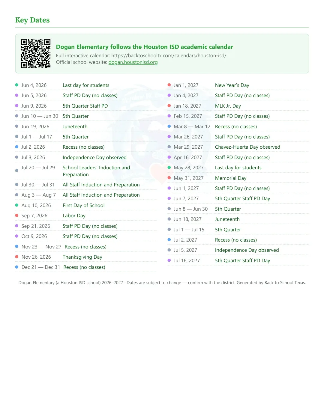 Dogan Elementary Calendar for the Year 26-27 — key dates