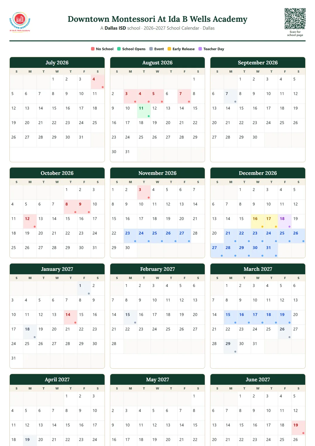 Downtown Montessori At Ida B Wells Academy printable 2026–2027 calendar