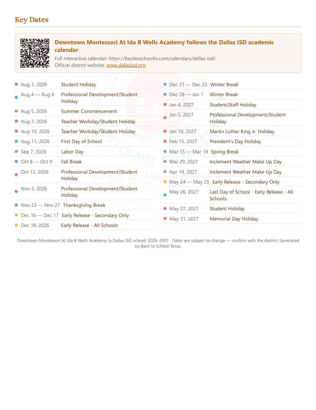 Downtown Montessori At Ida B Wells Academy Calendar for the Year 26-27 — key dates