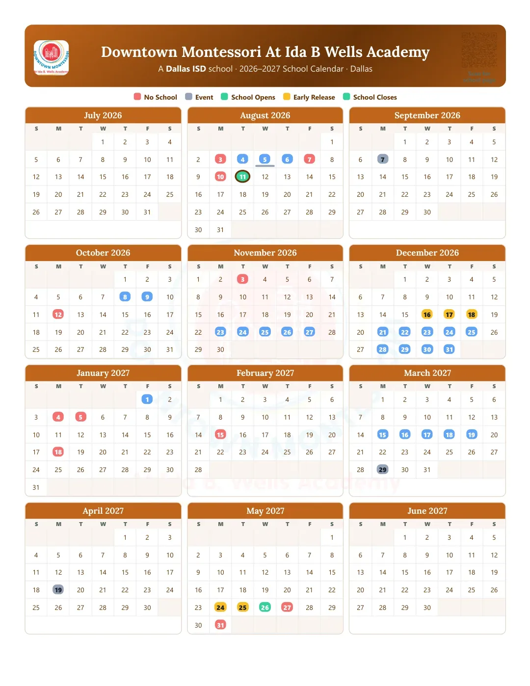 Downtown Montessori At Ida B Wells Academy Calendar for the Year 26-27
