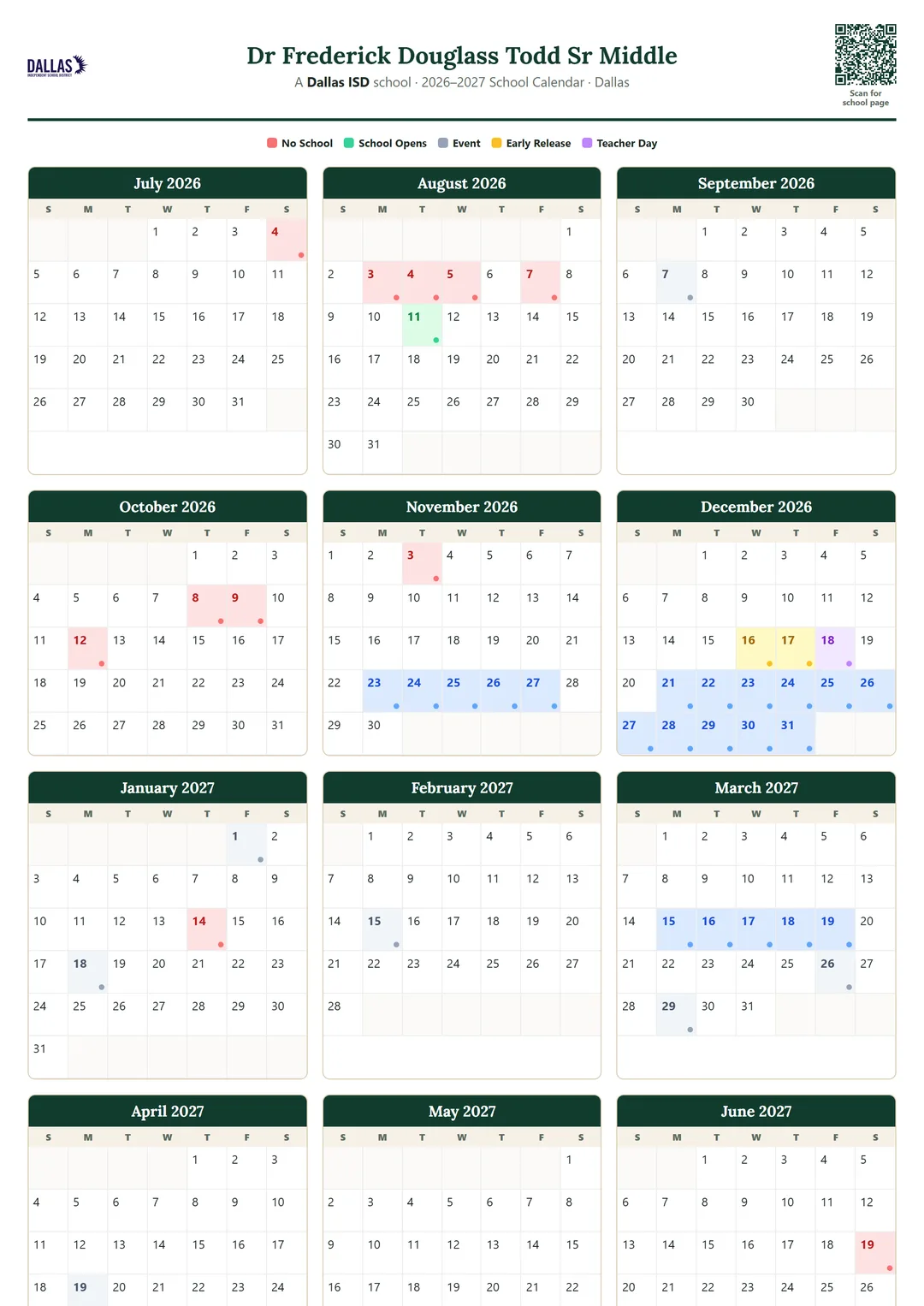 Dr Frederick Douglass Todd Sr Middle printable 2026–2027 calendar