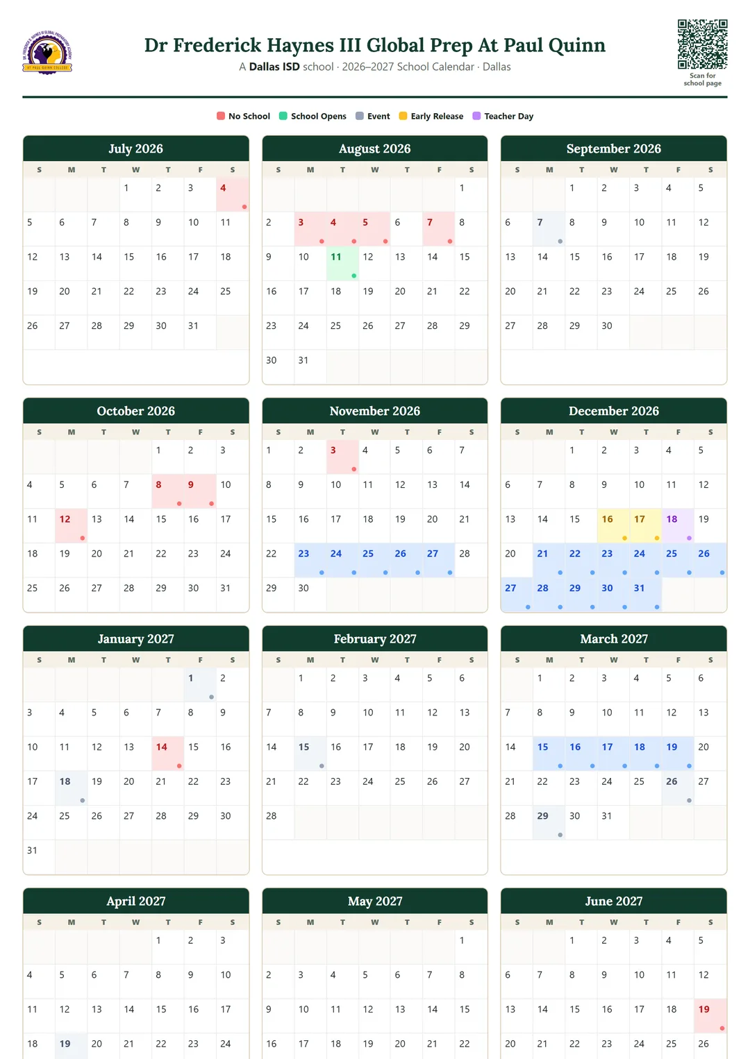 Dr Frederick Haynes III Global Prep At Paul Quinn printable 2026–2027 calendar
