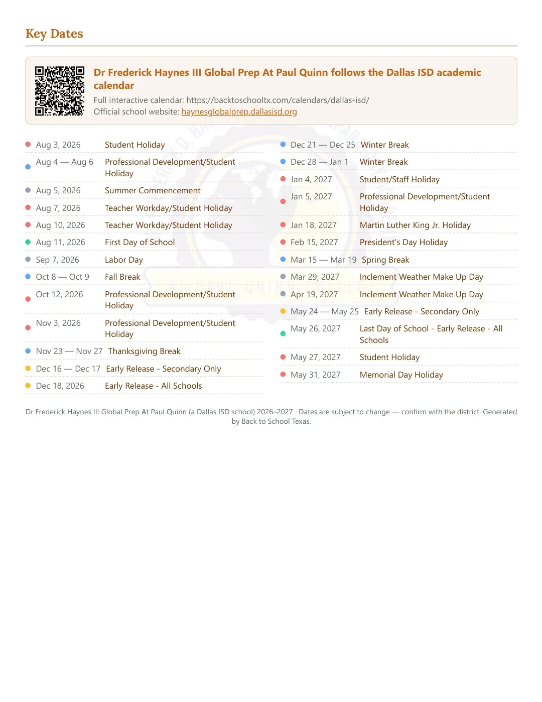 Dr Frederick Haynes III Global Prep At Paul Quinn Calendar for the Year 26-27 — key dates