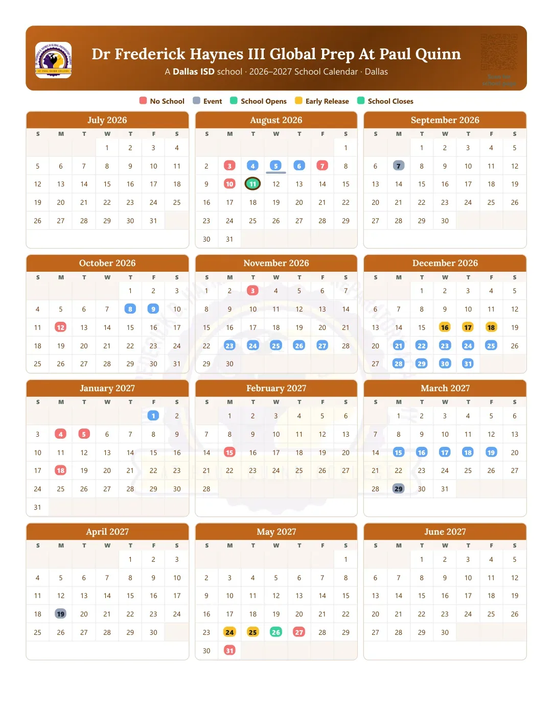 Dr Frederick Haynes III Global Prep At Paul Quinn Calendar for the Year 26-27
