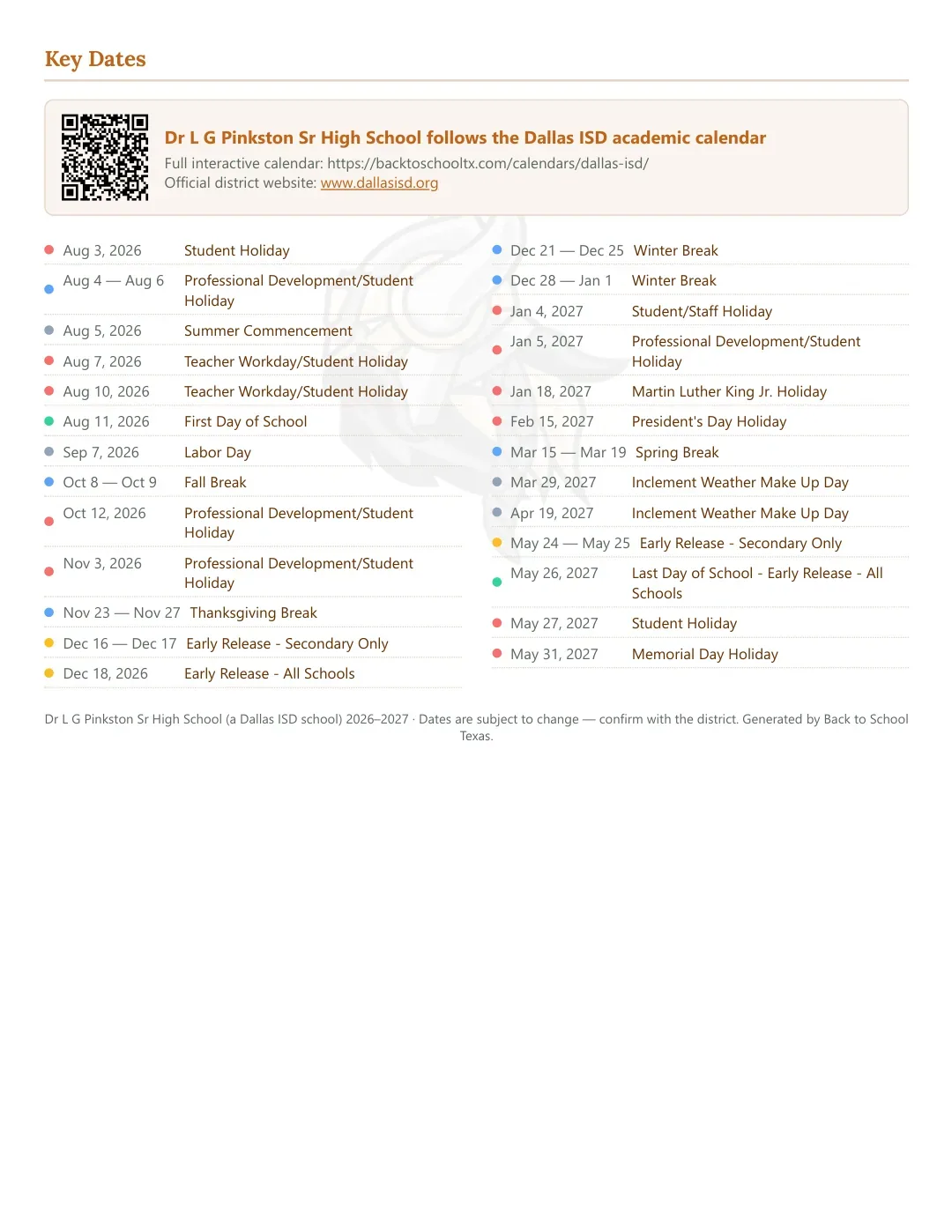 Dr L G Pinkston Sr High School Calendar for the Year 26-27 — key dates