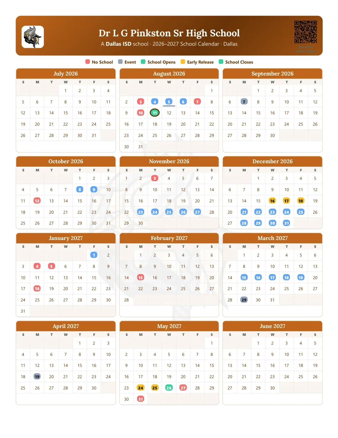 Dr L G Pinkston Sr High School Calendar for the Year 26-27