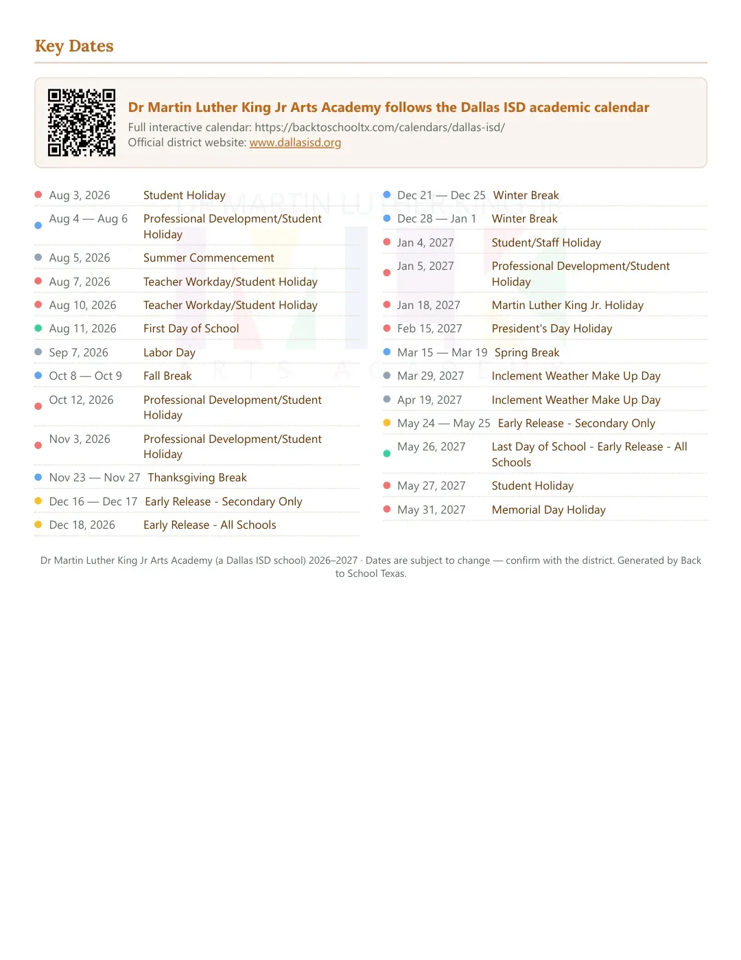 Dr Martin Luther King Jr Arts Academy Calendar for the Year 26-27 — key dates