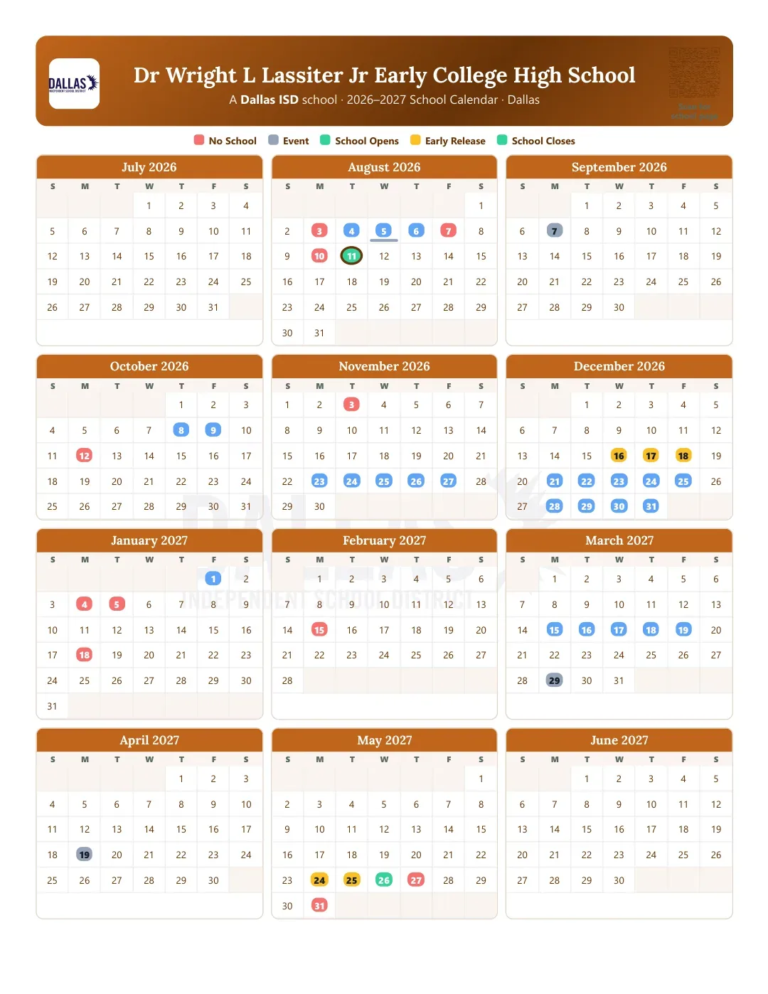 Dr Wright L Lassiter Jr Early College High School Calendar for the Year 26-27