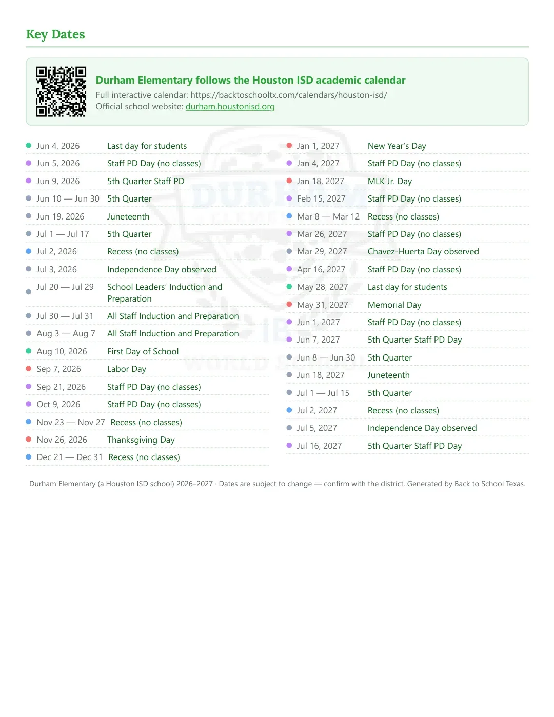 Durham Elementary Calendar for the Year 26-27 — key dates