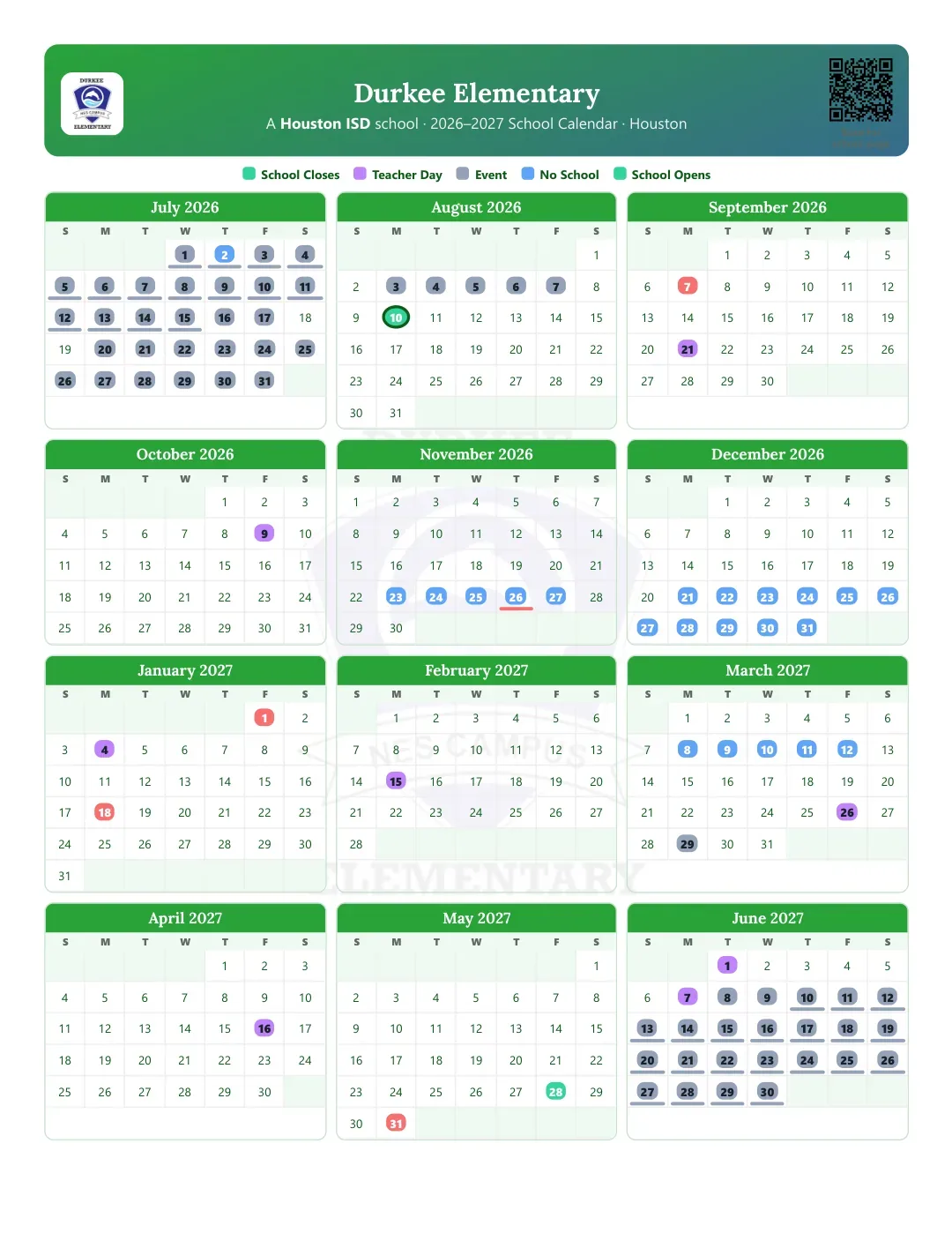 Durkee Elementary Calendar for the Year 26-27