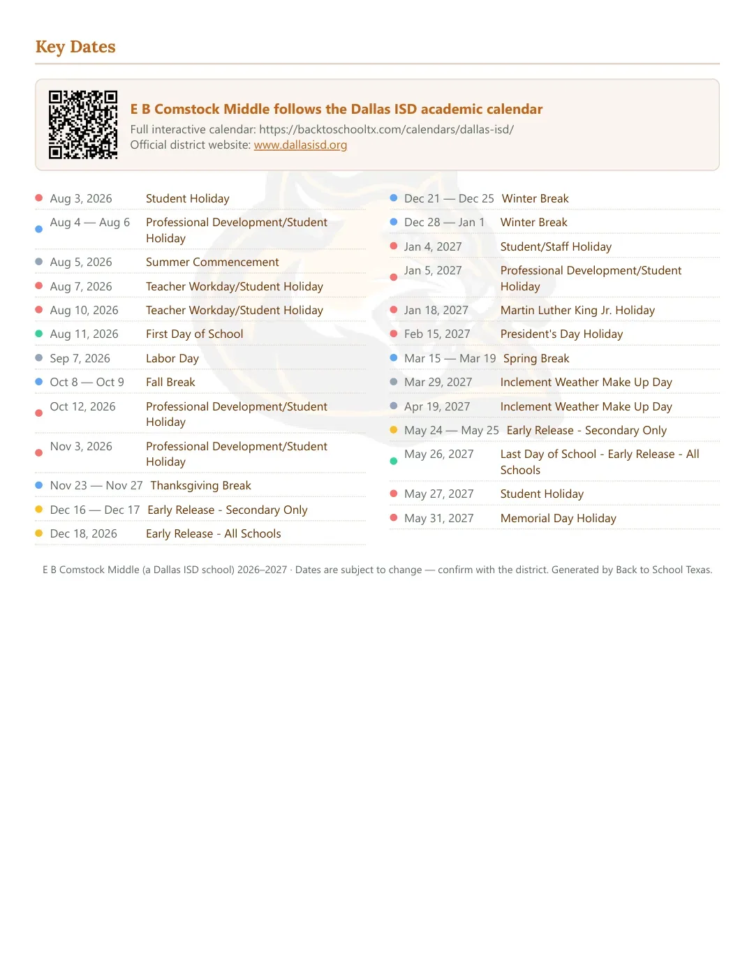 E B Comstock Middle Calendar for the Year 26-27 — key dates