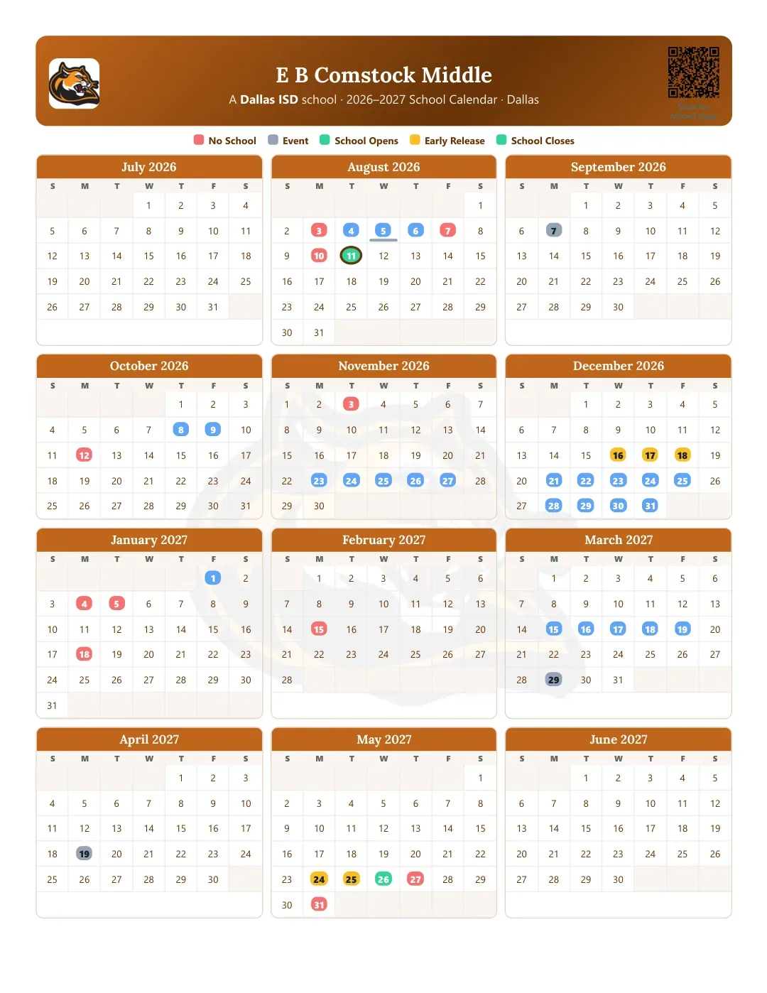 E B Comstock Middle Calendar for the Year 26-27