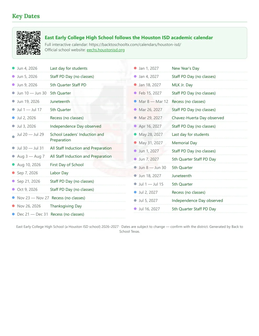 East Early College High School Calendar for the Year 26-27 — key dates