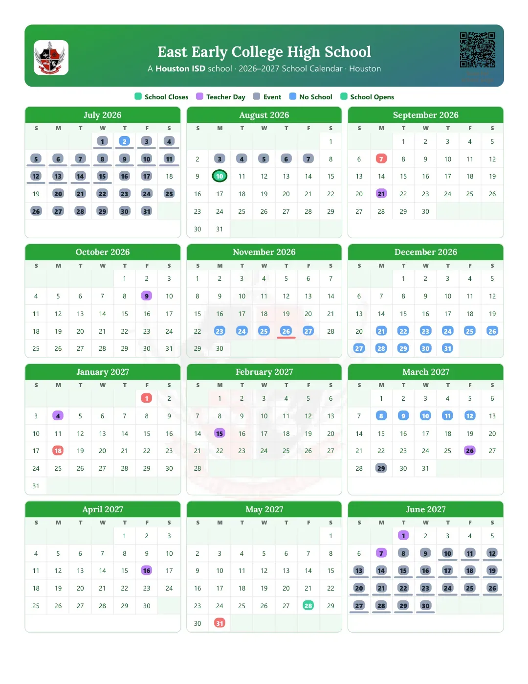East Early College High School Calendar for the Year 26-27