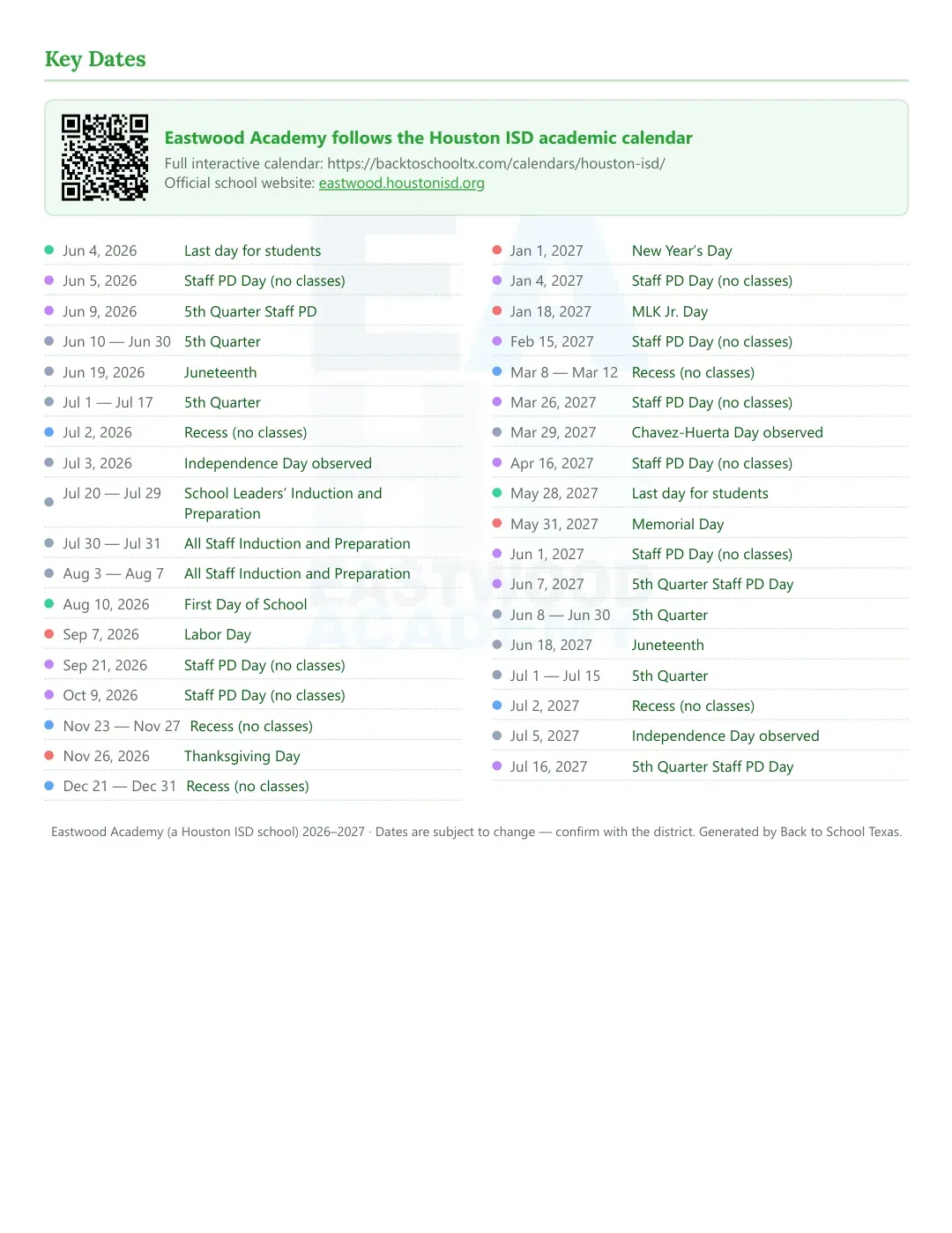 Eastwood Academy Calendar for the Year 26-27 — key dates