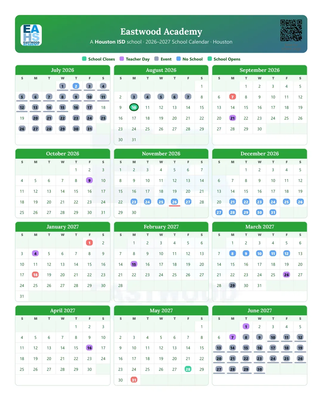Eastwood Academy Calendar for the Year 26-27