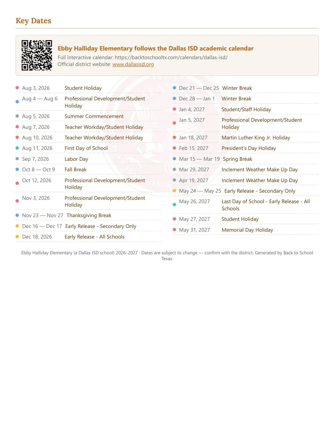 Ebby Halliday Elementary Calendar for the Year 26-27 — key dates
