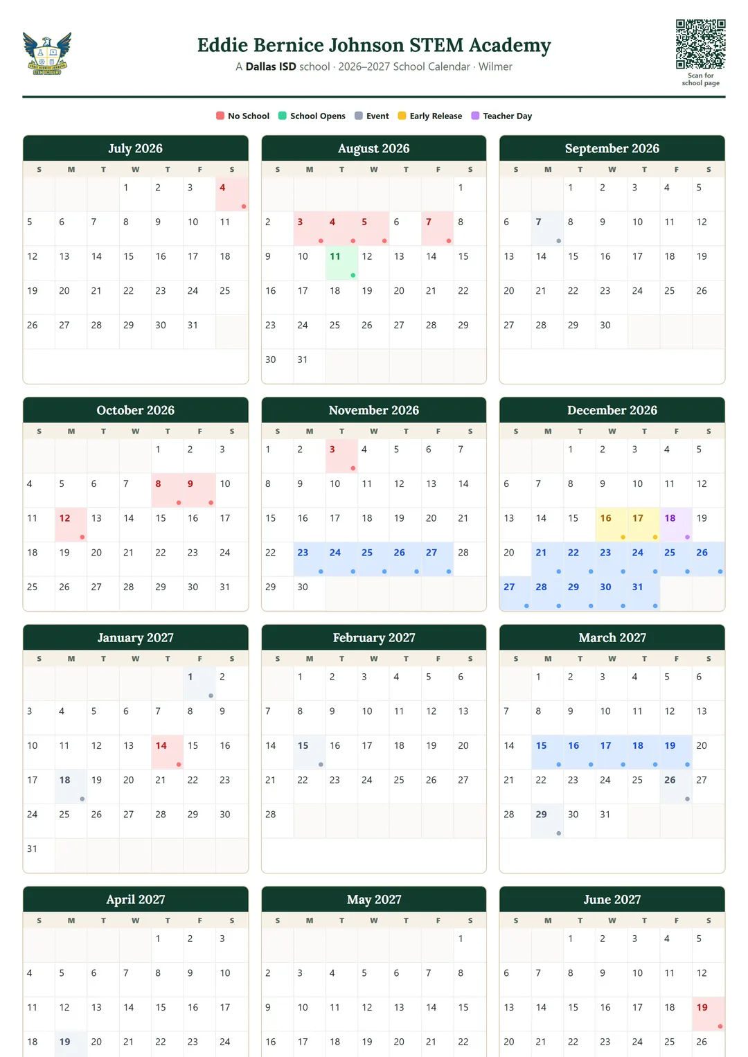 Eddie Bernice Johnson STEM Academy printable 2026–2027 calendar