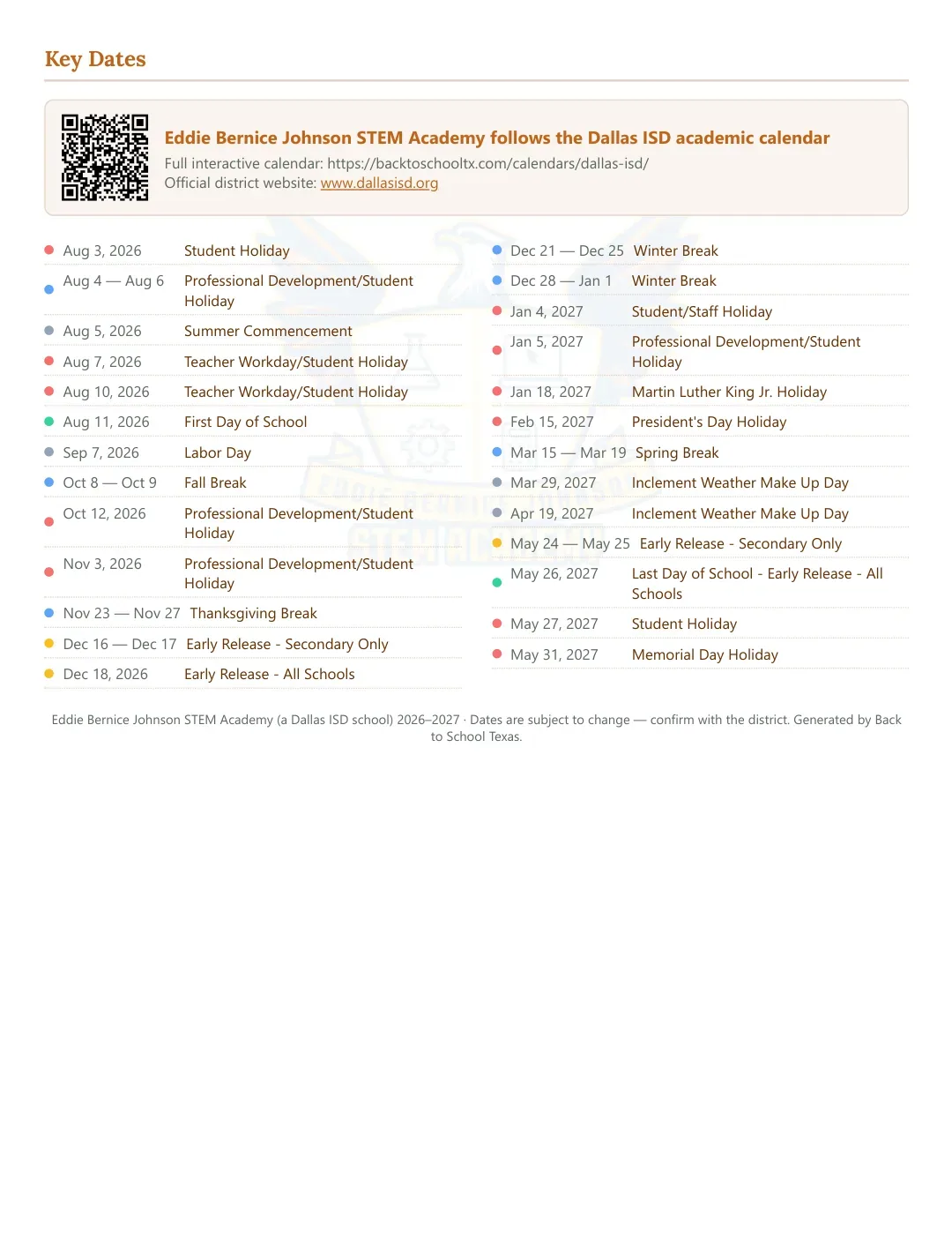 Eddie Bernice Johnson STEM Academy Calendar for the Year 26-27 — key dates