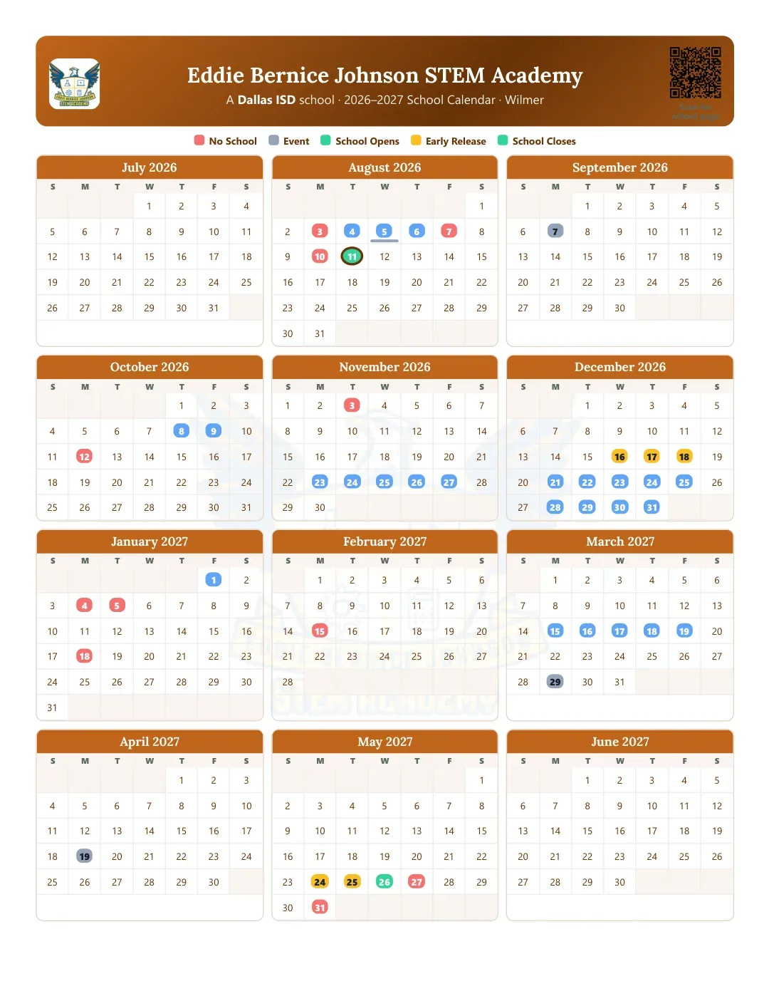 Eddie Bernice Johnson STEM Academy Calendar for the Year 26-27