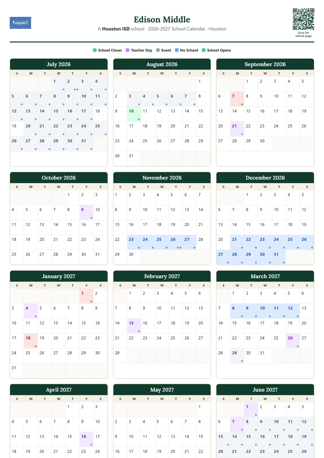 Edison Middle printable 2026–2027 calendar