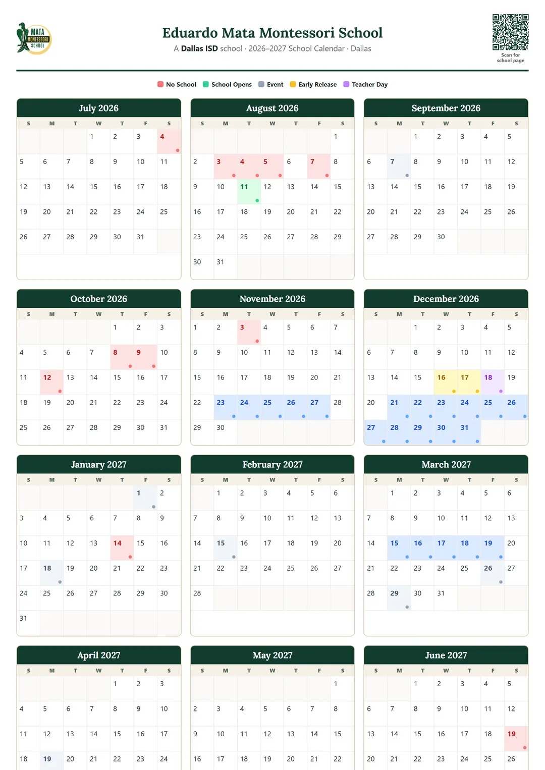 Eduardo Mata Montessori School printable 2026–2027 calendar