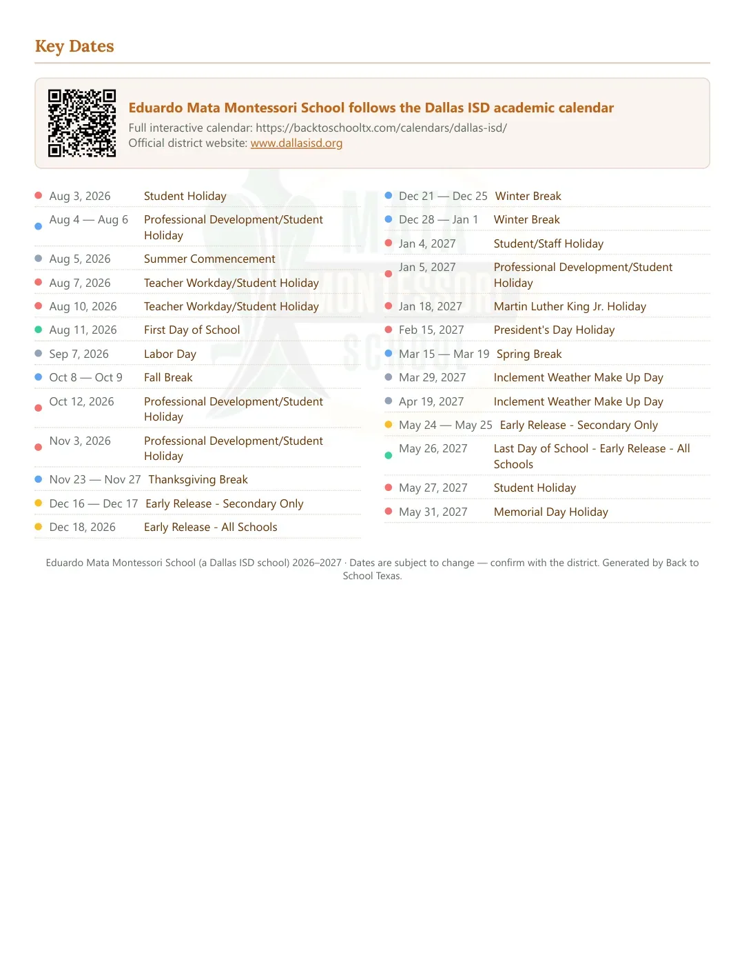 Eduardo Mata Montessori School Calendar for the Year 26-27 — key dates